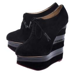 Charlotte Olympia Black Suede and Patent Leather Martha Wedge Derby Size 40