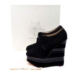 Charlotte Olympia Black Suede and Patent Leather Martha Wedge Derby Size 40