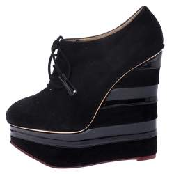 Charlotte Olympia Black Suede and Patent Leather Martha Wedge Derby Size 40