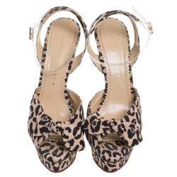 Charlotte Olympia Beige Leopard Print Fabric Bow Platform Ankle Strap Sandals Size 39.5