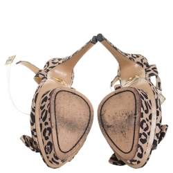 Charlotte Olympia Beige Leopard Print Fabric Bow Platform Ankle Strap Sandals Size 39.5