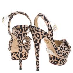 Charlotte Olympia Beige Leopard Print Fabric Bow Platform Ankle Strap Sandals Size 39.5