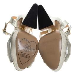 Pre Owned Charlotte Olympia Metallic Silver Lame Fabric Farrah Knot Platform Sandals Size 38