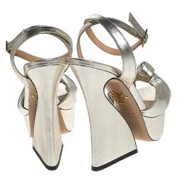 Pre Owned Charlotte Olympia Metallic Silver Lame Fabric Farrah Knot Platform Sandals Size 38
