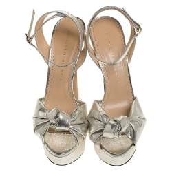 Pre Owned Charlotte Olympia Metallic Silver Lame Fabric Farrah Knot Platform Sandals Size 38