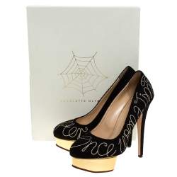 Pre Owned حذاء كعب عالي شارلوت أوليمبيا هابيلي إيفر أفتر مطرز دولي لباد أسود نعل سميك مقاس 38.5