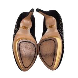 Pre Owned حذاء كعب عالي شارلوت أول يمبيا هابيلي إيفر أفتر مطرز دولي لباد أسود نعل سميك مقاس 38.5