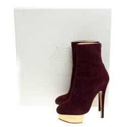 Pre Owned Charlotte Olympia Aubergine/Gold Suede And Leather Lucinda Platform Ankle Boots Size 37