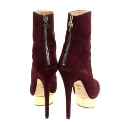 Pre Owned Charlotte Olympia Aubergine/Gold Suede And Leather Lucinda Platform Ankle Boots Size 37