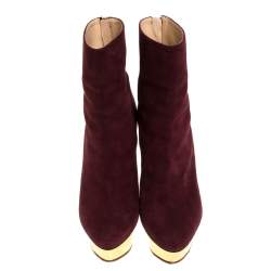 Pre Owned Charlotte Olympia Aubergine/Gold Suede And Leather Lucinda Platform Ankle Boots Size 37