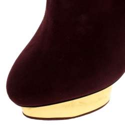 Pre Owned Charlotte Olympia Aubergine/Gold Suede And Leather Lucinda Platform Ankle Boots Size 37