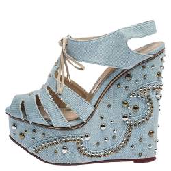 Charlotte Olympia Blue Denim Studded Cut Out Wedge Platform Sandals Size 37