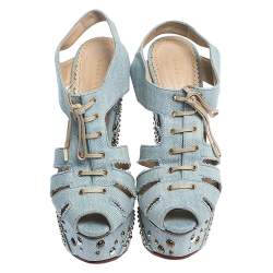 Charlotte Olympia Blue Denim Studded Cut Out Wedge Platform Sandals Size 37