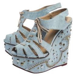 Charlotte Olympia Blue Denim Studded Cut Out Wedge Platform Sandals Size 37