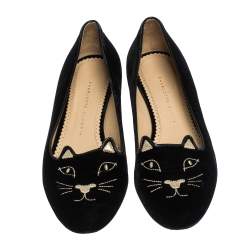Pre Owned Charlotte Olympia Black Satin Kitty Ballet Flats Size 39