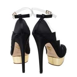 Pre Owned Charlotte Olympia Black Satin And PVC Origami Ankle Strap Platform Pumps Size 38.5