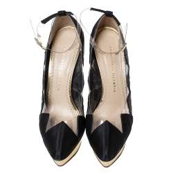 Pre Owned Charlotte Olympia Black Satin And PVC Origami Ankle Strap Platform Pumps Size 38.5