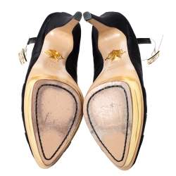 Pre Owned Charlotte Olympia Black Satin And PVC Origami Ankle Strap Platform Pumps Size 38.5