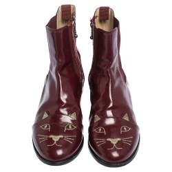 Charlotte Olympia Red Leather Kitty Ankle Boots Size 36