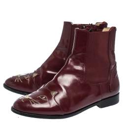 Charlotte Olympia Red Leather Kitty Ankle Boots Size 36