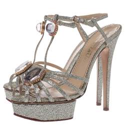 Pre Owned Charlotte Olympia Silver Glitter Fabric Leading Lady Platform Ankle Strap Sandals 41