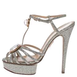 Pre Owned Charlotte Olympia Silver Glitter Fabric Leading Lady Platform Ankle Strap Sandals 41