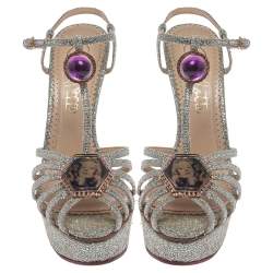 Pre Owned Charlotte Olympia Silver Glitter Fabric Leading Lady Platform Ankle Strap Sandals 41