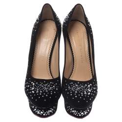 Charlotte Olympia Black Crystal Embellished Suede Dolly Platform Pumps Size 38