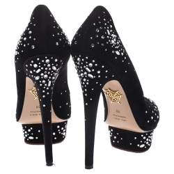 Charlotte Olympia Black Crystal Embellished Suede Dolly Platform Pumps Size 38