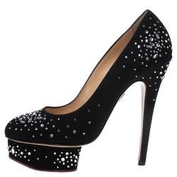 Charlotte Olympia Black Crystal Embellished Suede Dolly Platform Pumps Size 38