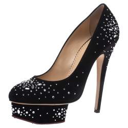 Charlotte Olympia Black Crystal Embellished Suede Dolly Platform Pumps Size 38