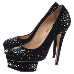 Charlotte Olympia Black Crystal Embellished Suede Dolly Platform Pumps Size 38