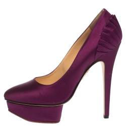 Charlotte Olympia Purple Satin Paloma Fan Pleat Platform Pumps Size 38