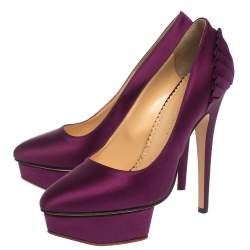 Charlotte Olympia Purple Satin Paloma Fan Pleat Platform Pumps Size 38