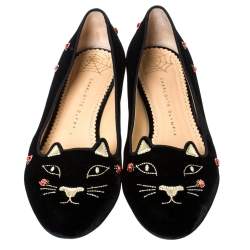 Pre Owned حذاء فلات شارلوت اوليمبيا كيتي ليدي باغ فطيفة سوداء مطرز مقاس 40.5