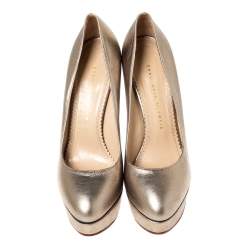 Charlotte Olympia Metallic Gold Leather Dolly Platform Pumps Size 39.5