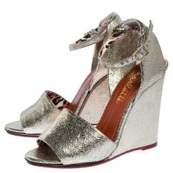 Charlotte Olympia Metallic Gold Crackled Leather Mischievous Wedge Sandals Size 40