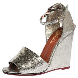 Charlotte Olympia Metallic Gold Crackled Leather Mischievous Wedge Sandals Size 40
