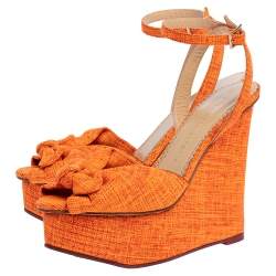 Pre Owned Charlotte Olympia Neon Orange Canvas Bow Ankle Wrap Wedge Sandals Size 37.5
