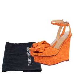 Pre Owned Charlotte Olympia Neon Orange Canvas Bow Ankle Wrap Wedge Sandals Size 37.5