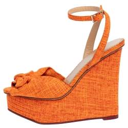 Pre Owned Charlotte Olympia Neon Orange Canvas Bow Ankle Wrap Wedge Sandals Size 37.5