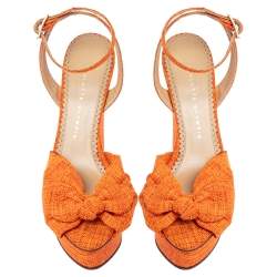 Pre Owned Charlotte Olympia Neon Orange Canvas Bow Ankle Wrap Wedge Sandals Size 37.5