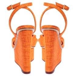 Pre Owned Charlotte Olympia Neon Orange Canvas Bow Ankle Wrap Wedge Sandals Size 37.5