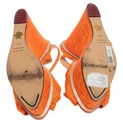 Pre Owned Charlotte Olympia Neon Orange Canvas Bow Ankle Wrap Wedge Sandals Size 37.5
