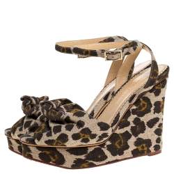 Charlotte Olympia Brown/Beige Printed Canvas Fabric Bow Platform Ankle Strap Sandals Size 38