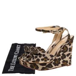 Charlotte Olympia Brown/Beige Printed Canvas Fabric Bow Platform Ankle Strap Sandals Size 38