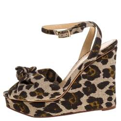 Charlotte Olympia Brown/Beige Printed Canvas Fabric Bow Platform Ankle Strap Sandals Size 38
