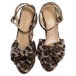 Charlotte Olympia Brown/Beige Printed Canvas Fabric Bow Platform Ankle Strap Sandals Size 38