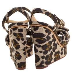 Charlotte Olympia Brown/Beige Printed Canvas Fabric Bow Platform Ankle Strap Sandals Size 38