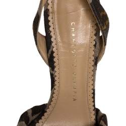 Charlotte Olympia Brown/Beige Printed Canvas Fabric Bow Platform Ankle Strap Sandals Size 38
